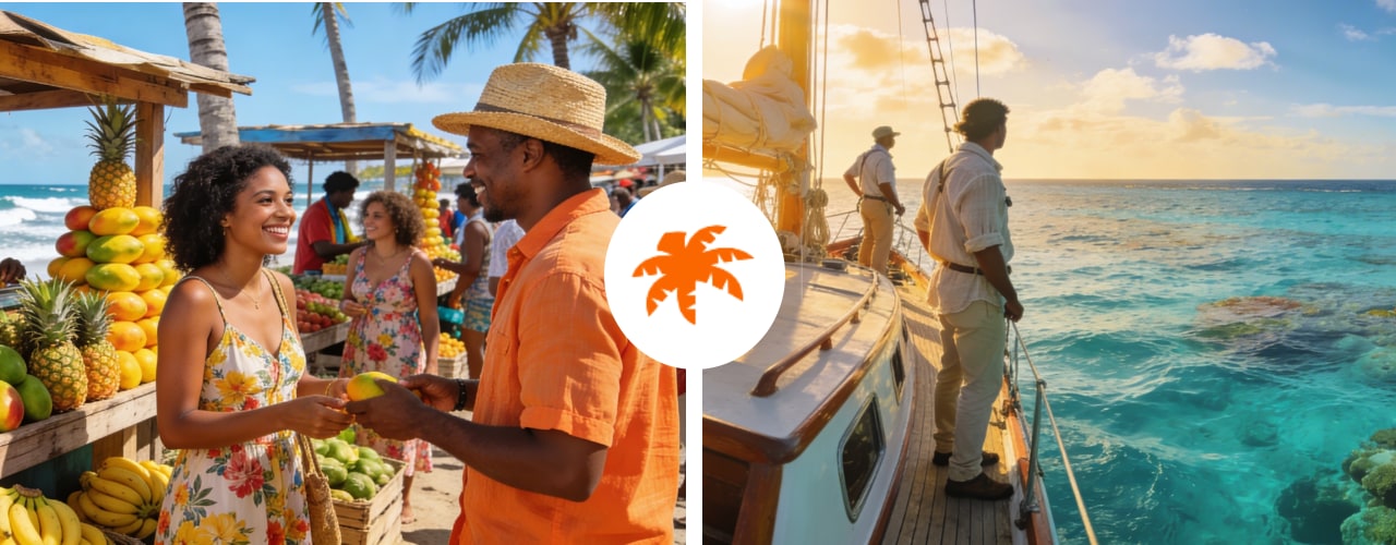 A Caribbean fruit market and a sailing boat on clear turquoise water