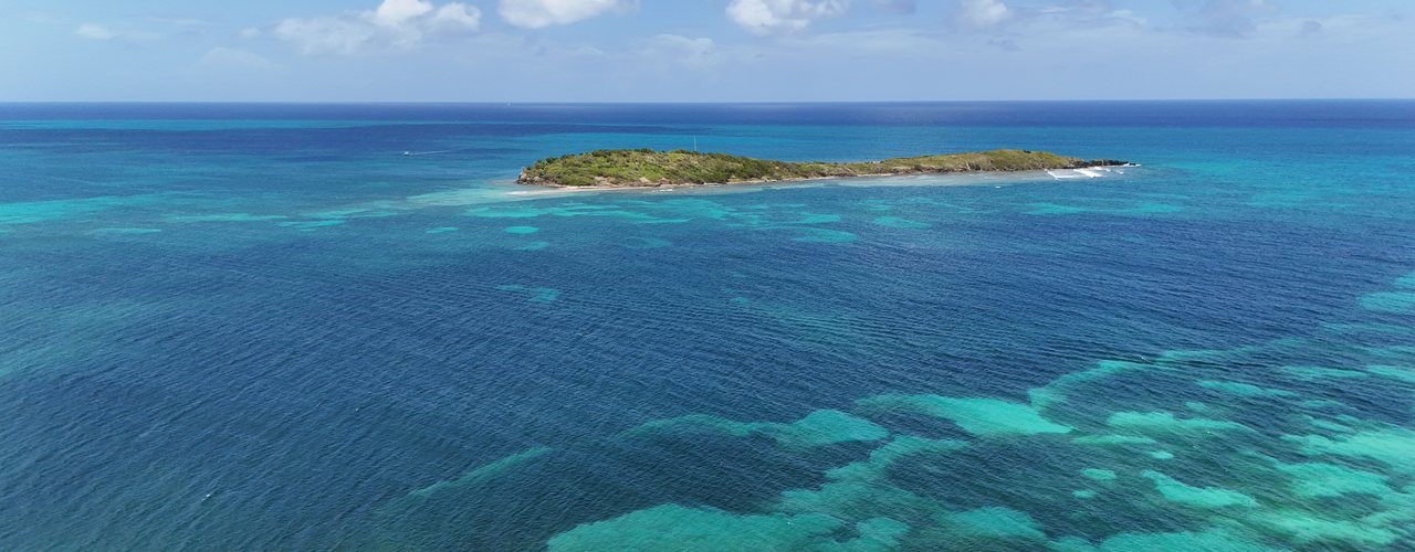 A small green cay ringed by turquoise reef off St. Croix